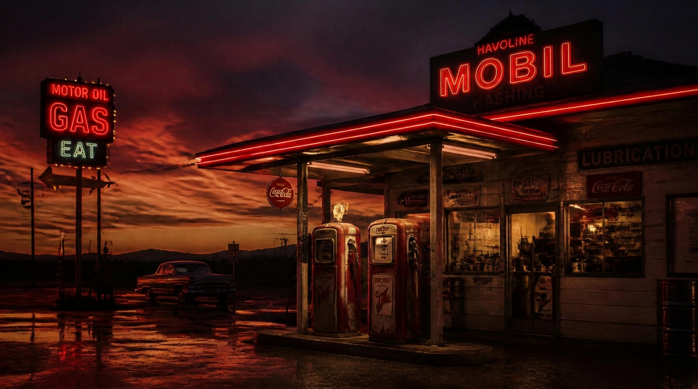 Retro roadside gas station at dusk