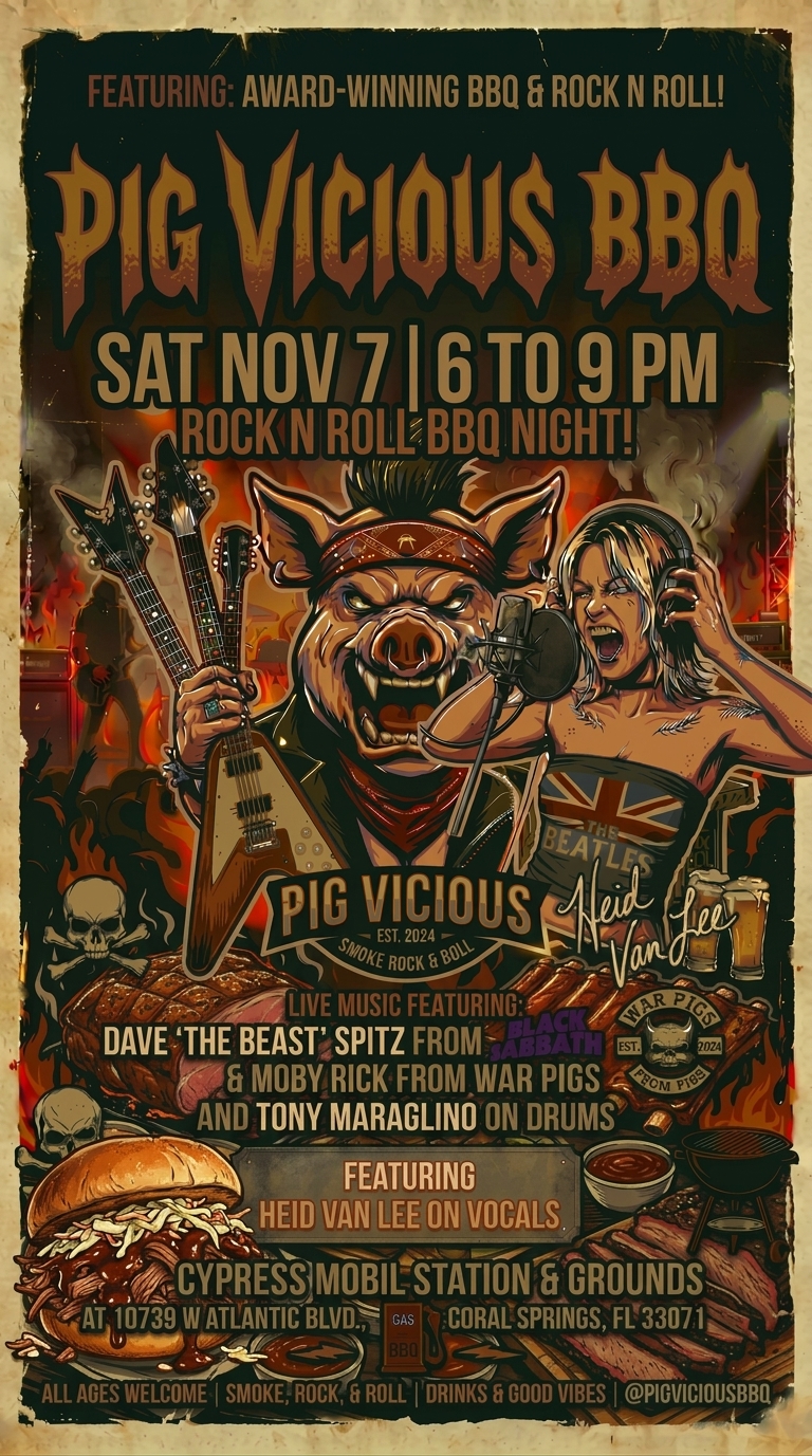 Rock & Roll BBQ Night flyer — Pig Vicious BBQ, Saturday Nov 7, 6 to 9 PM, live music with Dave 'The Beast' Spitz, Moby Rick and Tony Maraglino on drums, Heid Van Lee on vocals, Cypress Mobil, Coral Springs