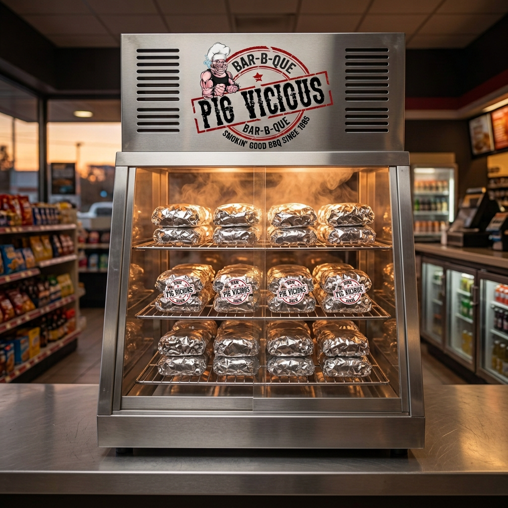 Countertop BBQ sandwich warmer stocked with Pig Vicious sandwiches