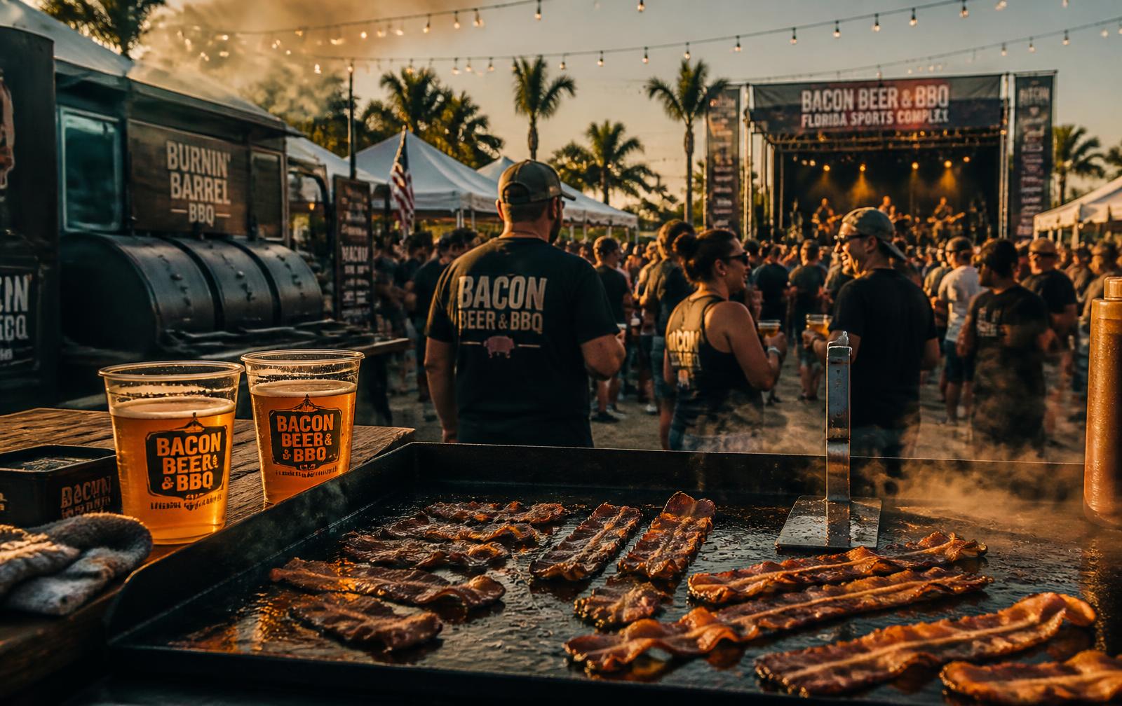 Bacon, Beer & BBQ Fest crowd with food trucks, smokers and live music stage