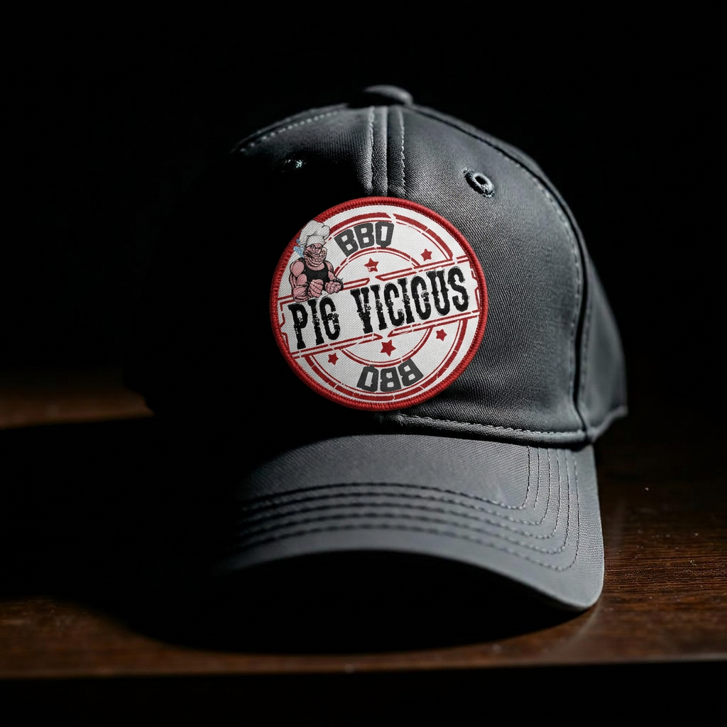 Pig Vicious BBQ black ball cap with red stamp logo patch