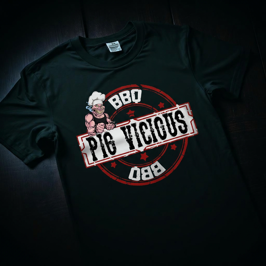 Pig Vicious BBQ black t-shirt with red stamp logo