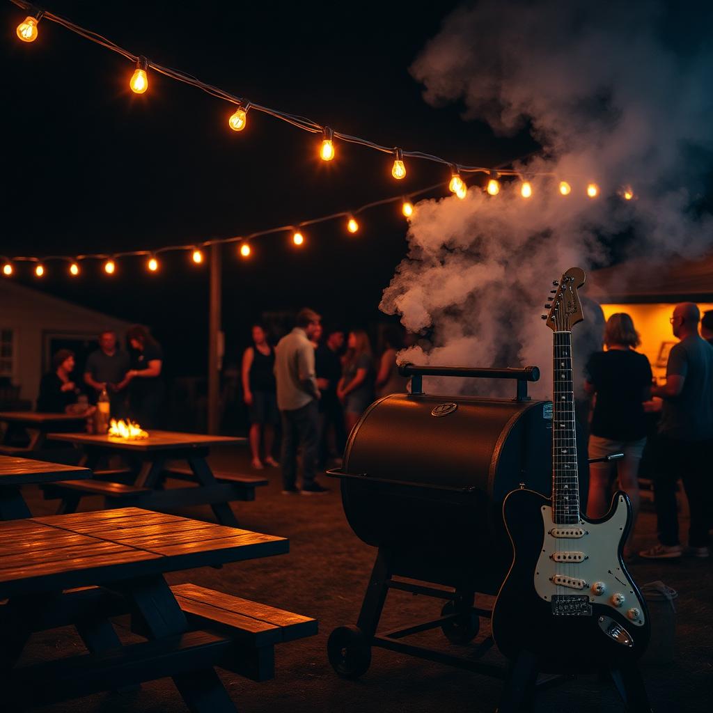 Rock n Roll BBQ Night — string lights, smoker and guitar